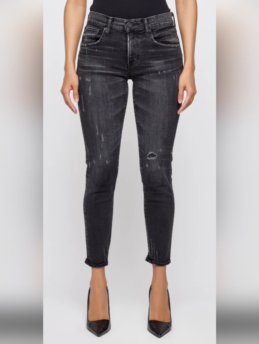 MOUSSY VINTAGE x Barneys New York distressed skinny jeans in faded black/grey.